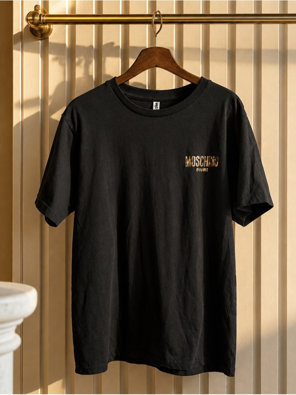 Moschino Black Tee with Gold Logo Print